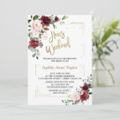 Burgund Pink Floral Gold Bachelorette Wochenende Einladung (Stehend Vorderseite)