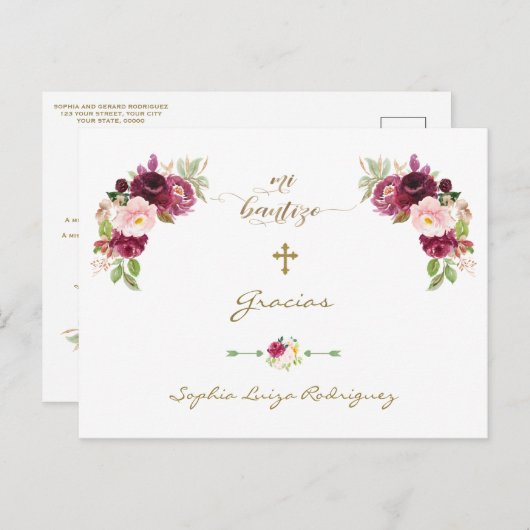 Burgund Pink Floral Spanische Taufe Gracias Postkarte (Vorne/Hinten)