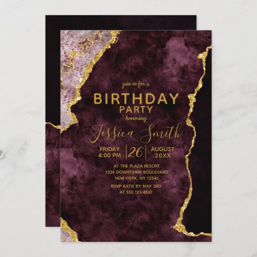 Burgund Pink Gold Foil Geburtstagsparty Einladung (Vorne/Hinten)