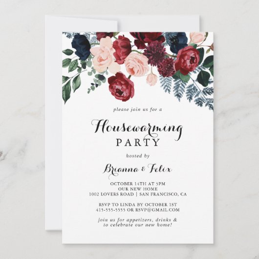 Burgund Pink Navy Blumenhaus Party Einladung (Vorderseite)