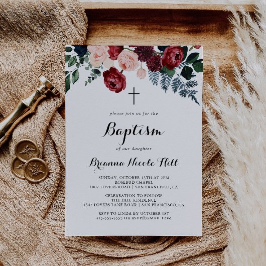 Burgund Pink Navy Blumenkalligrafie Taufe Einladung