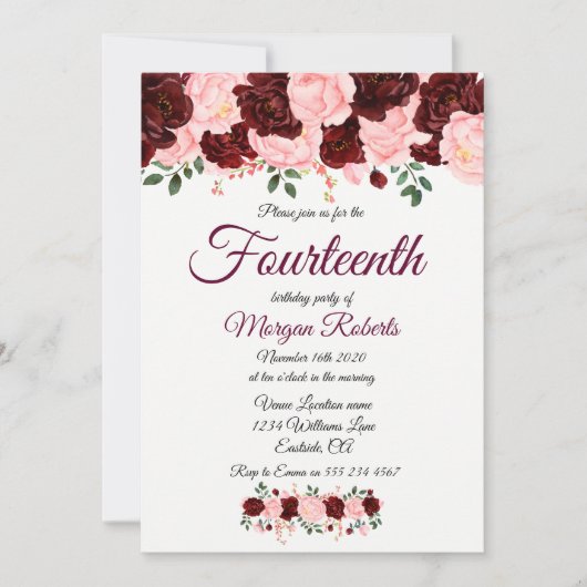 Burgund Pink Rose 14. Geburtstagsparty Einladung (Vorderseite)