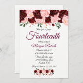 Burgund Pink Rose 14. Geburtstagsparty Einladung (Vorne/Hinten)