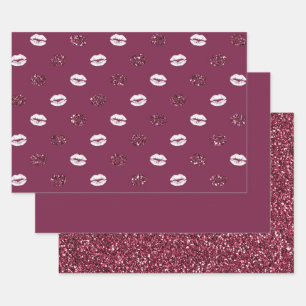 Burgund Pink Roter Glitzer Weiße Kisses Lippen Geschenkpapier Set