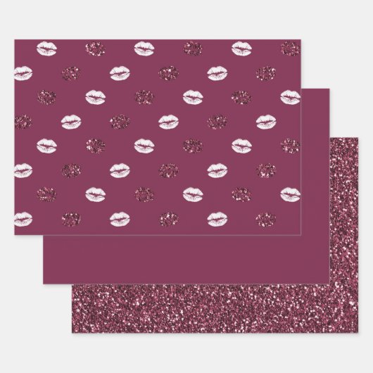 Burgund Pink Roter Glitzer Weiße Kisses Lippen Geschenkpapier Set (Set)