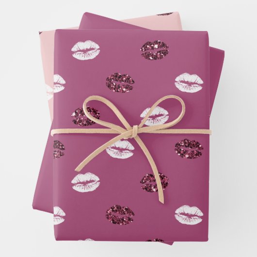 Burgund Pink Roter Glitzer Weiße Kisses Lippen Geschenkpapier Set (Beispiel)