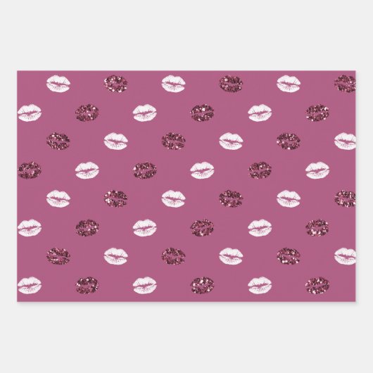 Burgund Pink Roter Glitzer Weiße Kisses Lippen Geschenkpapier Set (Vorderseite)