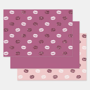 Burgund Pink Roter Glitzer Weiße Kisses Lippen Geschenkpapier Set