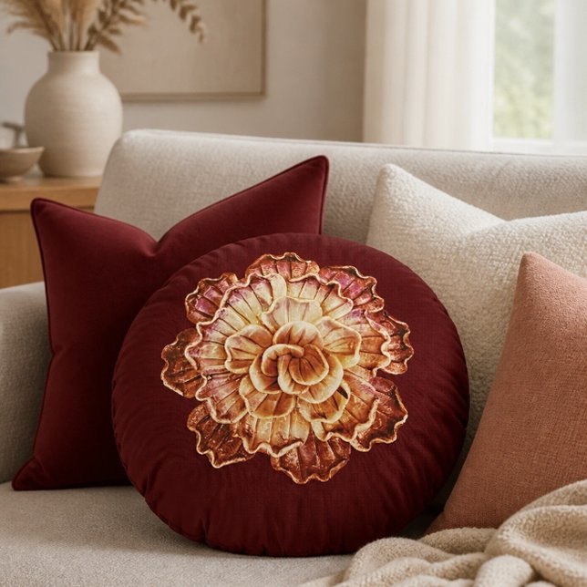 Burgund (primär) & Cream Rosette Elegance Runde Rundes Kissen (Von Creator hochgeladen)
