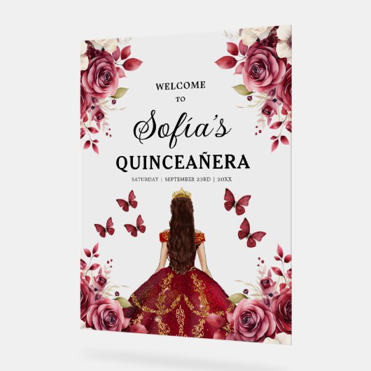 Burgund Prinzessin Quinceañera Geburtstag Willkomm Acrylschild (Winkel)