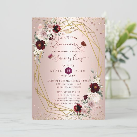 Burgund Quinceanera H2 Blume Dusty Rose Blush I Einladung (Stehend Vorderseite)