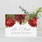 Burgund Red and Gold Vintage Rose Hochzeit Dankeskarte (Stehend Vorderseite)