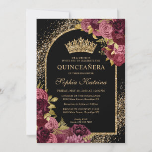 Burgund Red Black Gold Floral Foto Quinceanera Einladung