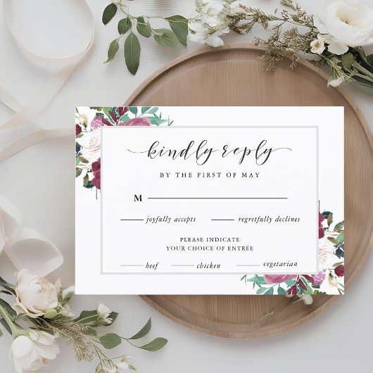 Burgund Red Blooms Boho Wedding RSVP Wahlmöglichke