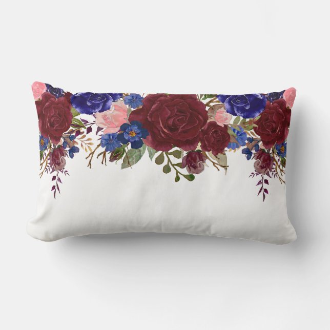 Burgund Red Blue Navy Rose Blume Wasserfall Drop Lendenkissen (Vorderseite)