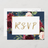 Burgund Red Blush Bloral Navy Blue Wedding RSVP Einladungspostkarte (Vorne/Hinten)