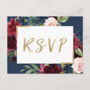 Burgund Red Blush Bloral Navy Blue Wedding RSVP Einladungspostkarte