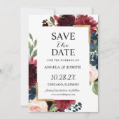 Burgund Red Blush Blue Floral Moderne Glam Hochzei Save The Date (Vorderseite)