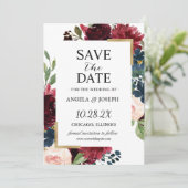 Burgund Red Blush Blue Floral Moderne Glam Hochzei Save The Date (Stehend Vorderseite)
