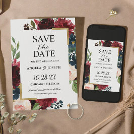 Burgund Red Blush Blue Floral Moderne Glam Hochzei Save The Date