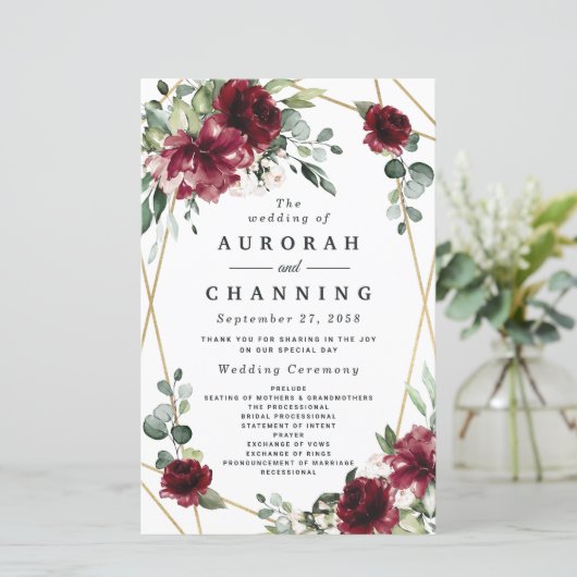 Burgund Red Blush Gold Greenery Hochzeitsprogramme (Stehend Vorderseite)