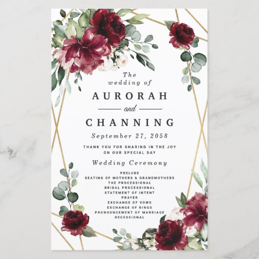 Burgund Red Blush Gold Greenery Hochzeitsprogramme (Vorderseite)