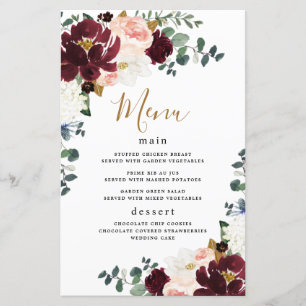 Burgund Red Blush Pink Gold Wedding Menu Cards