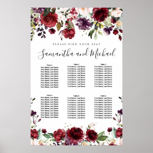 Burgund Red Floral 6-Tisch Hochzeitstabelle Poster (Vorne)