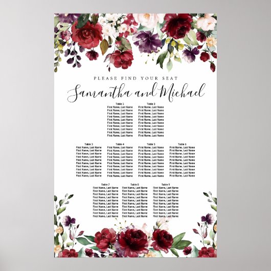 Burgund Red Floral 9-Tisch Hochzeitstabelle Poster (Vorne)