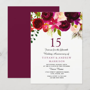 Burgund Red Floral Boho 15. Hochzeitstag Einladung