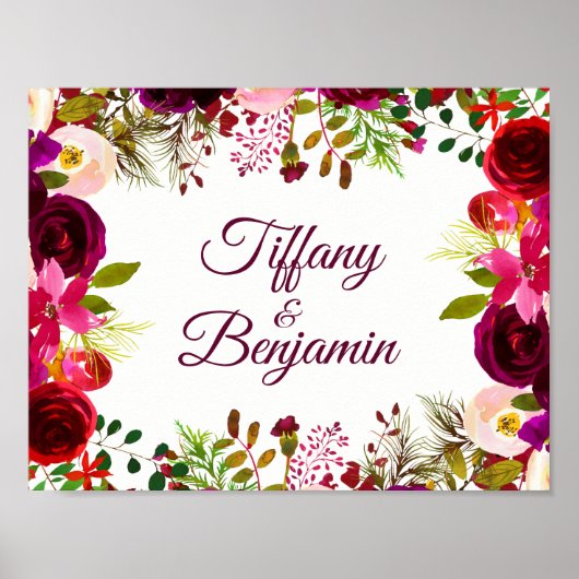 Burgund Red Floral Boho Wedding Party Poster (Vorne)