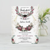 Burgund Red Floral Gold Glitzer Graduation Party Einladung (Stehend Vorderseite)