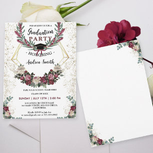 Burgund Red Floral Gold Glitzer Graduation Party Einladung