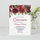 Burgund Red Floral Gold Glitzer Quinceanera Teil Einladung (Stehend Vorderseite)
