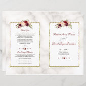 Burgund Red Floral Gold Marmor Hochzeitsprogramm (Vorne/Hinten)