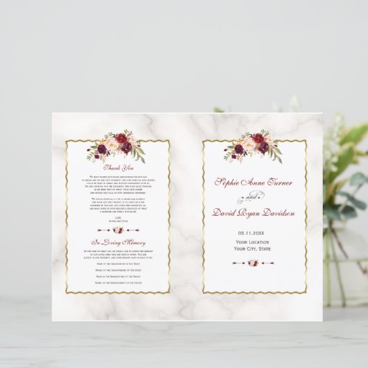 Burgund Red Floral Gold Marmor Hochzeitsprogramm (Stehend Vorderseite)