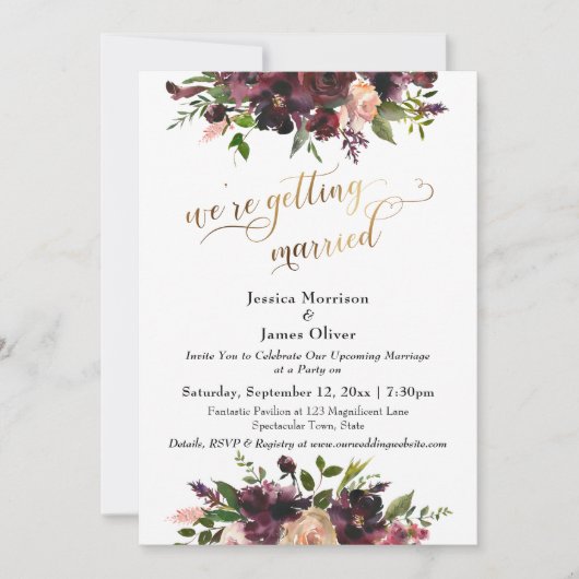 Burgund Red Floral & Gold Wir werden heiraten Einladung (Vorderseite)