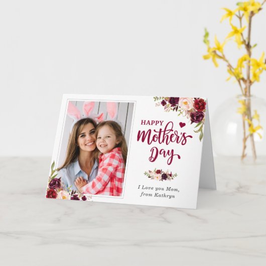Burgund Red Floral Happy Mother Day Foto Karte (Gelbe Blume)