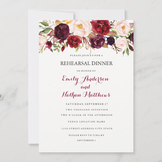 Burgund Red Floral Herbst Probe Dinner Card Einladung (Vorderseite)