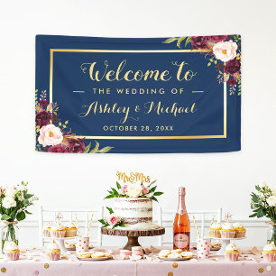 Burgund Red Floral Navy Blue Gold Wedding Party Banner