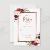 Burgund Red Floral Rose Gold Wedding RSVP (Vorderseite)