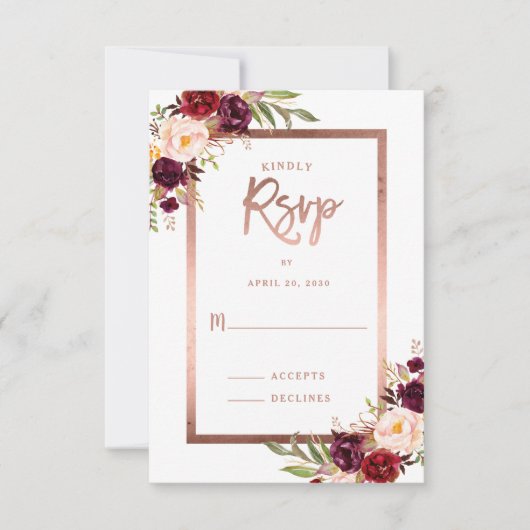 Burgund Red Floral Rose Gold Wedding RSVP (Vorderseite)