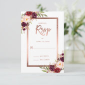 Burgund Red Floral Rose Gold Wedding RSVP (Stehend Vorderseite)