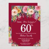 Burgund Red Floral Überraschung 60. Geburtstag Einladung (Vorne/Hinten)