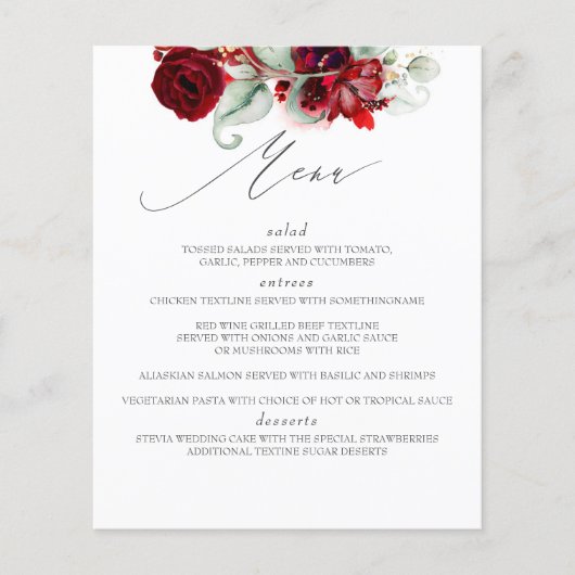 Burgund Red Floral Wedding Menu Flyer (Vorne)