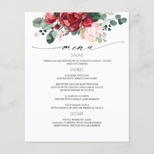 Burgund Red Floral Wedding Menu Flyer (Vorne)