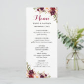 Burgund Red Floral Wedding Menu Menükarte (Stehend Vorderseite)