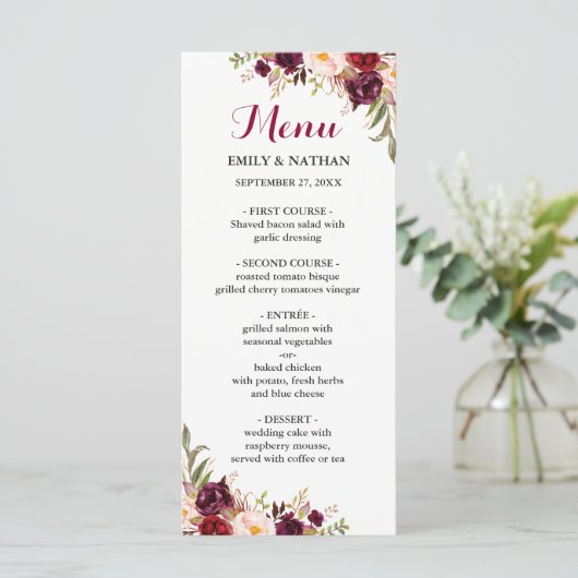 Burgund Red Floral Wedding Menu Menükarte (Stehend Vorderseite)
