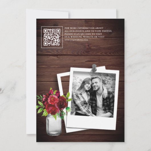 Burgund Red Floral Wood QR Code Hochzeitsstift Fot Save The Date (Rückseite)