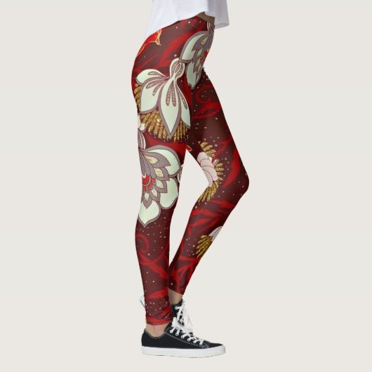 Burgund Red Gold Bird Blume Glitzer Leggings (Rechts)